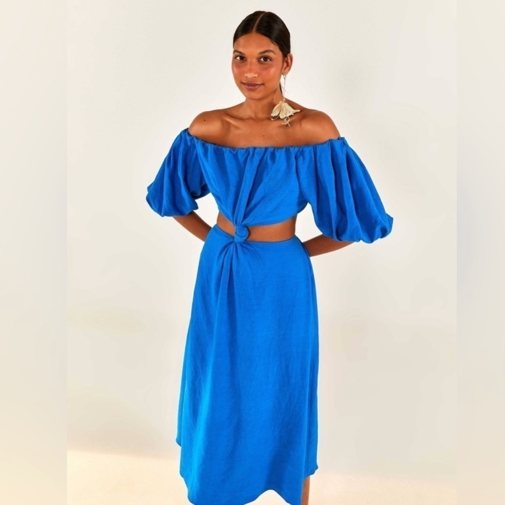 FARM Rio Blue Midi Knot Linen Blend Dress‎ M
